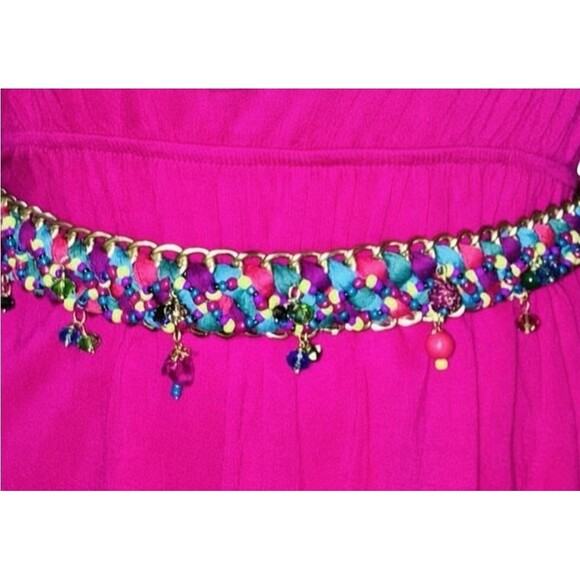 Chico's Multicolored Beaded Braided Fabric & Gold Tone Chain Belt OS/48" Long - Picture 12 of 12